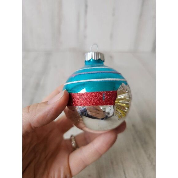 Vintage radko reflector shiny bright blue striped ball ornament silver Xmas tree - Picture 2 of 9
